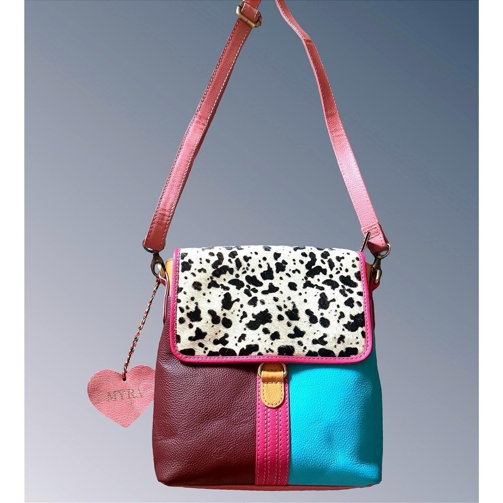 Myra Bag Leather Cow Print Colorblock Crossbody Bag Small Messenger Multicolor
